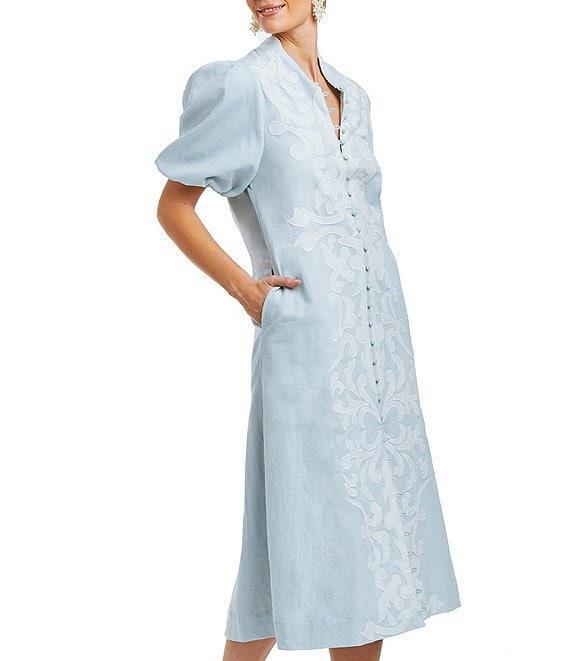 Mestiza New York Linen Blend Elliana Mandarin Collar Puff Sleeve Embroidered Applique Button Front Midi Dress Product Image