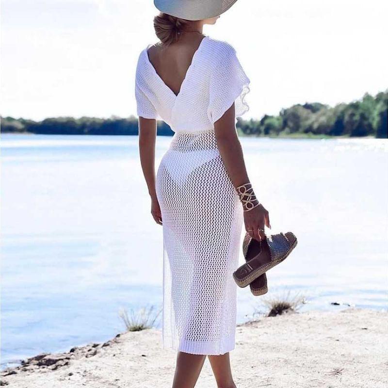 Short-Sleeve V-Neck Plain Perforated Slit Midi Cover-Up Dress Product Image