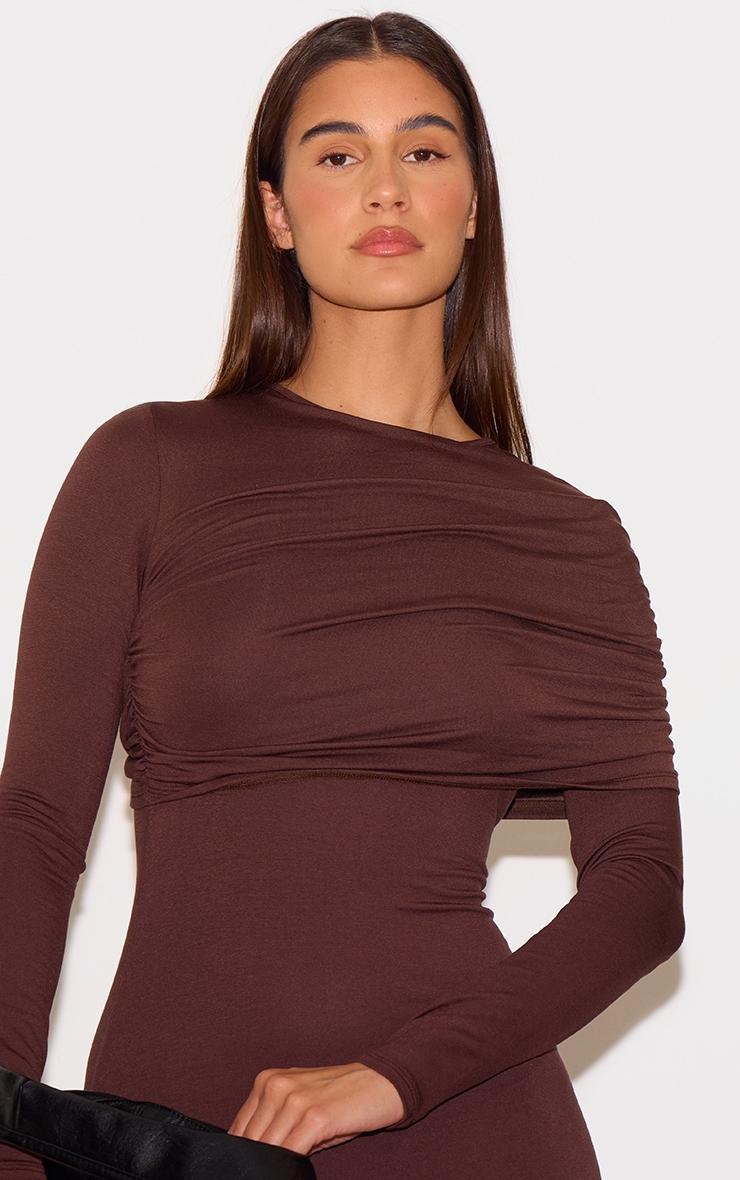 Chocolate Ruched Overlay Long Sleeve Maxi Dress Product Image