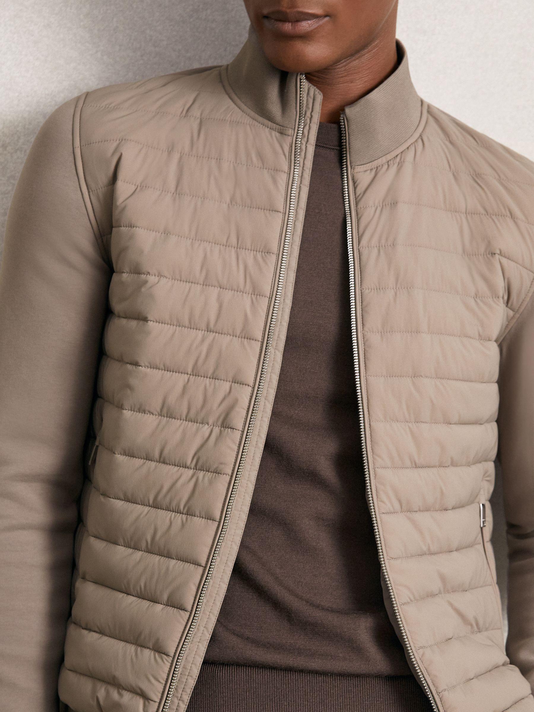Hybrid Quilt and Knit Zip-Through Jacket in Taupe Brown Product Image
