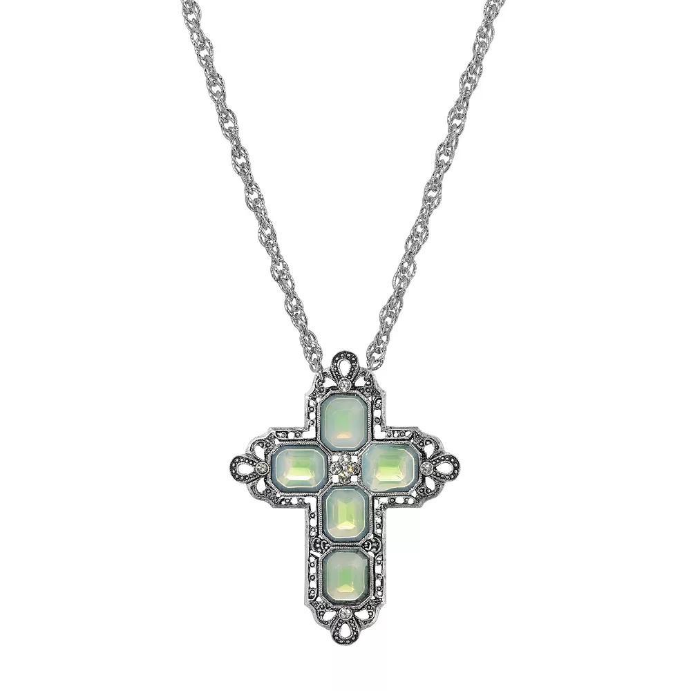 1928 Silver Tone Rectangle Simulated Crystal Cross Chain Necklace, Womens, Blue Product Image