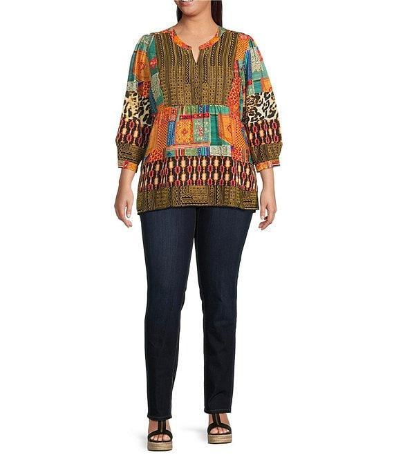 Calessa Plus Size Embroidered Patchwork Split V-Neck 3/4 Sleeve Tunic Product Image
