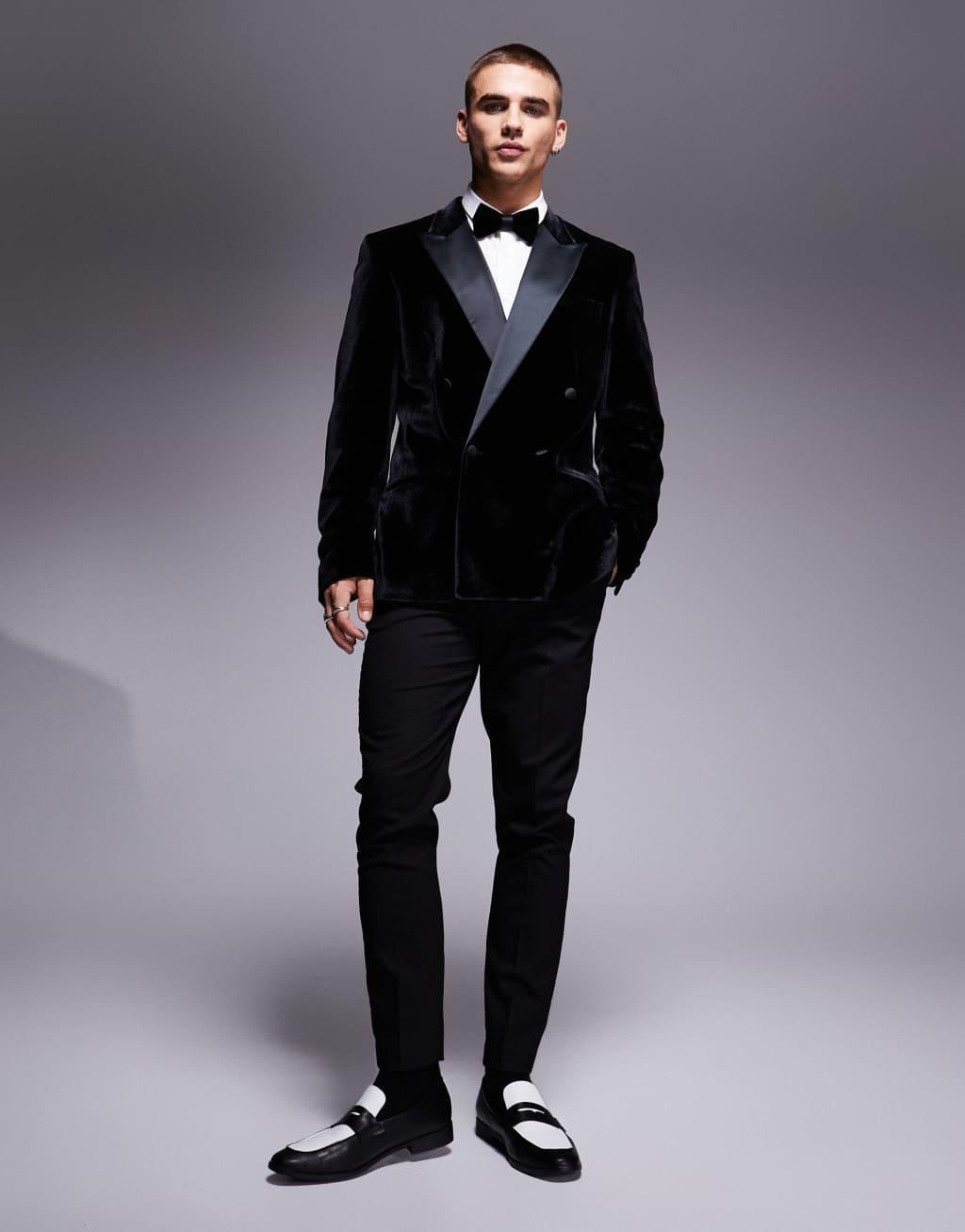  ASOS DESIGN slim double breasted tuxedo jacket in black velvet Product Image