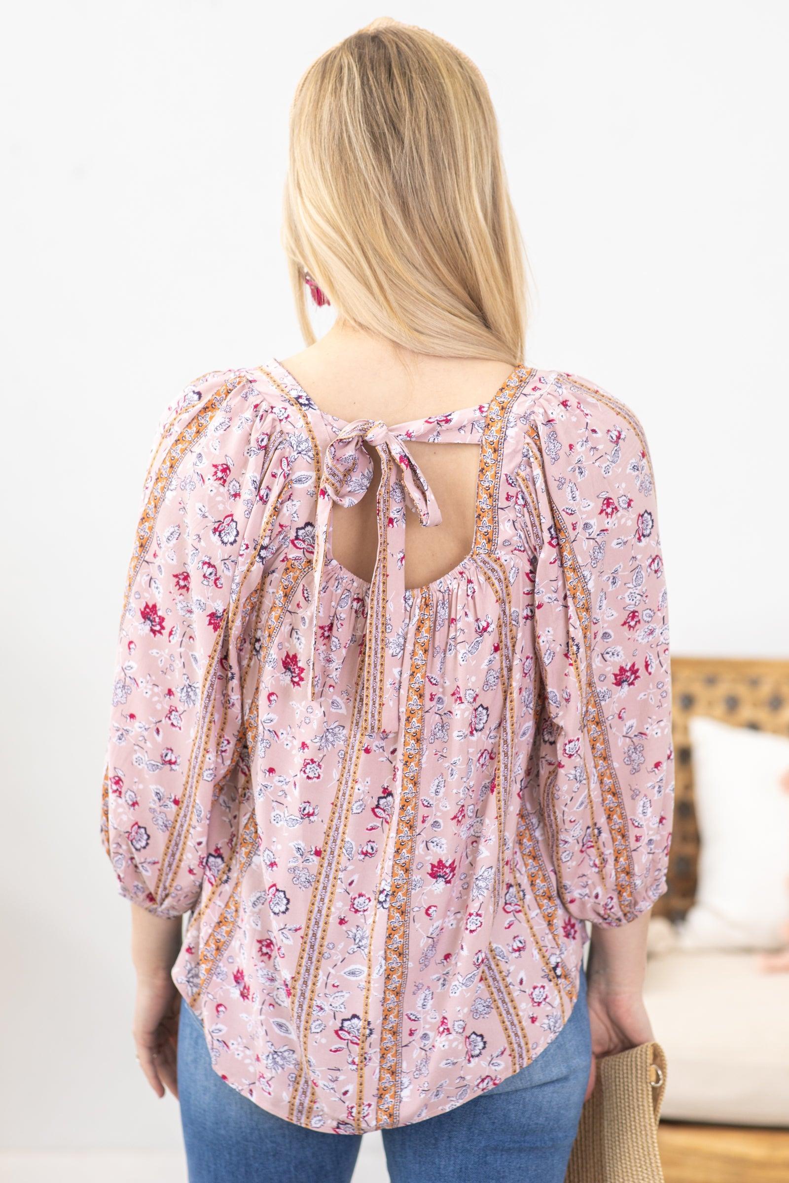 Dusty Rose Square Neckline Floral Woven Top Product Image