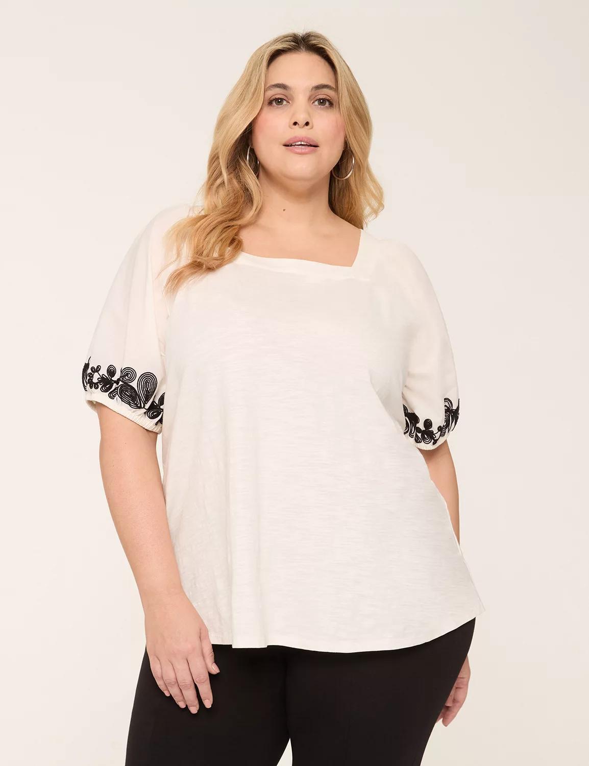 Embroidered Puff-Sleeve Square-Neck Top Product Image