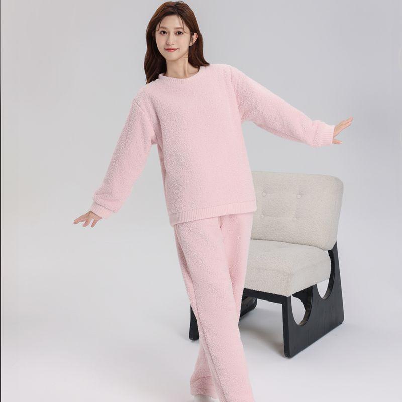 Couple Matching Pajama Set: Crew Neck Plain Fleece Sweatshirt + Pants Product Image