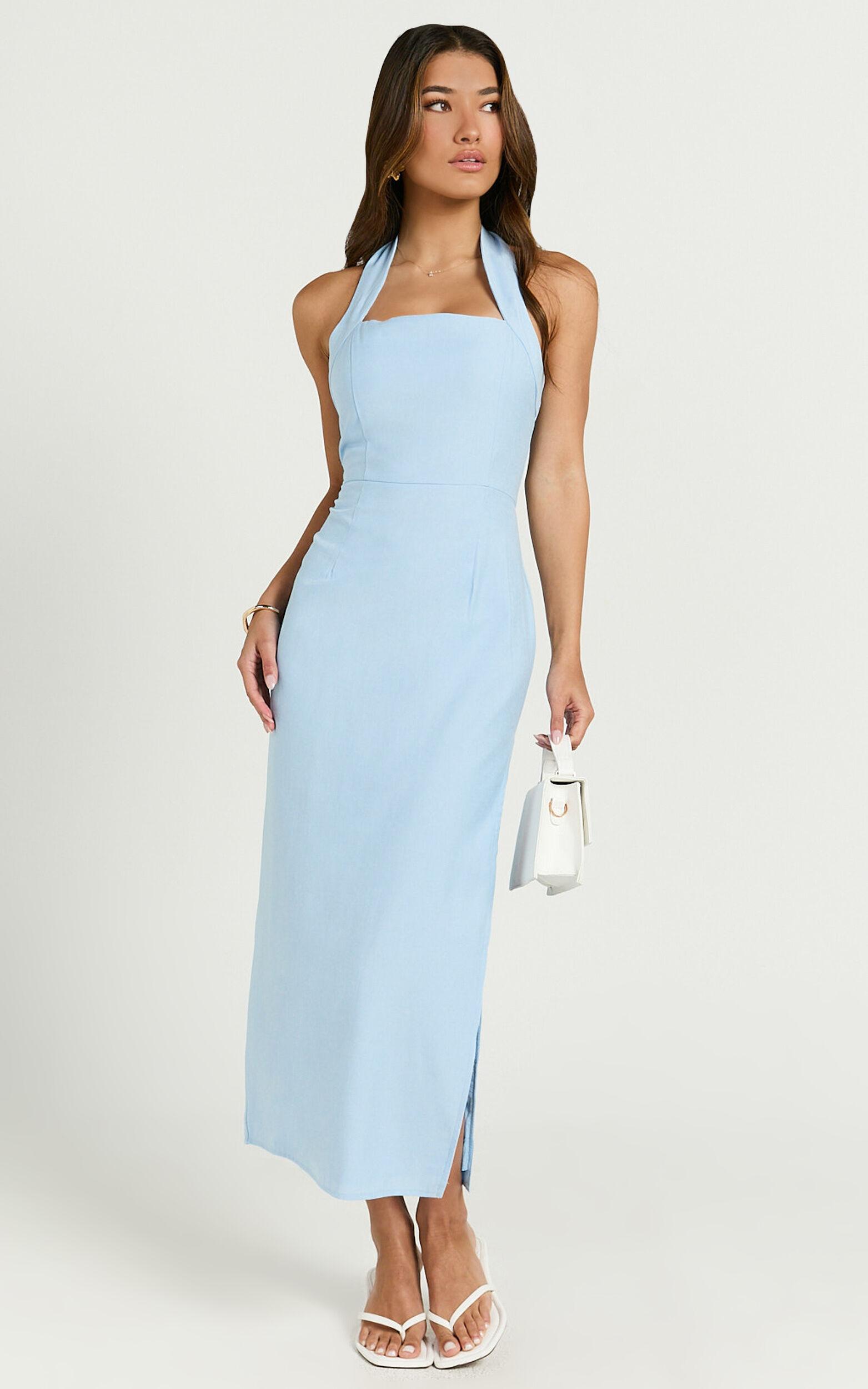 Darcy Midi Dress - Halter Fitted Side Split Dress in Blue Product Image