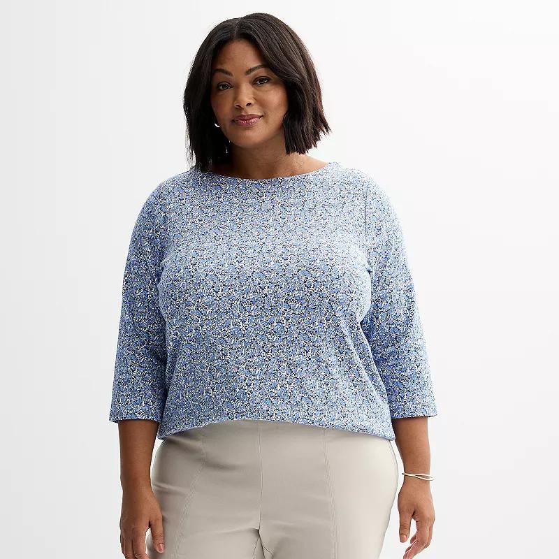 Plus Size Croft & Barrow Boatneck Top, Womens Blue Blooms Product Image