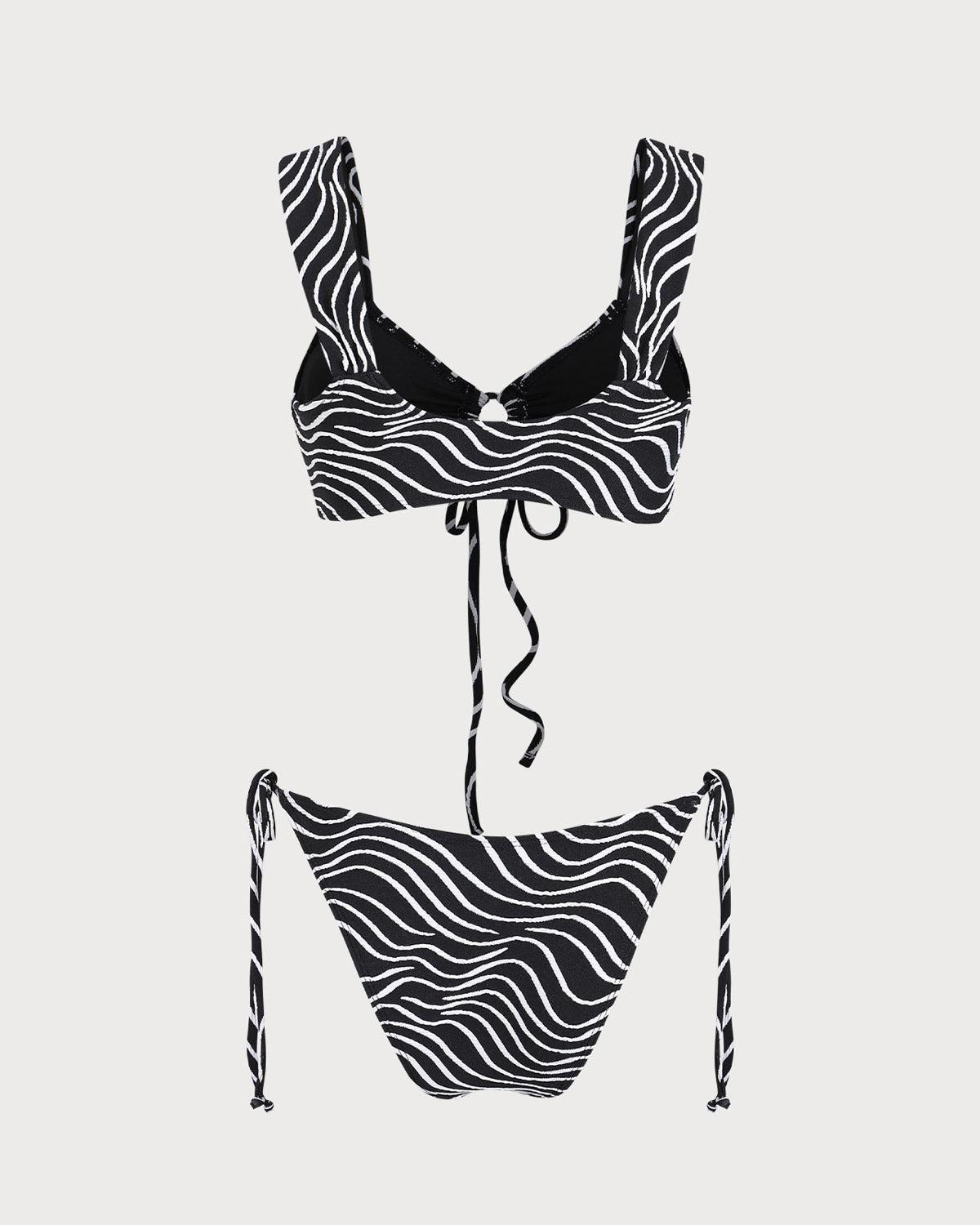 Black Knitted Zebra Print Two-Tone Bikini Set Product Image