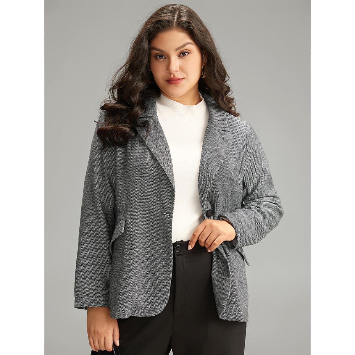 Plus Size Plain Textured Pocket Suit Collar Blazer Black Women Work Plain Texture Sleeve Long Sleeve Suit Collar 26/4X Pocket At the Office Blazers BloomChic Product Image
