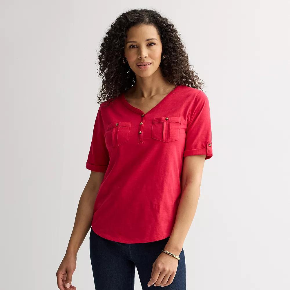 Women's Croft & Barrow® Elbow Sleeve Utility Henley Top, Size: Large, Maui Pink Product Image