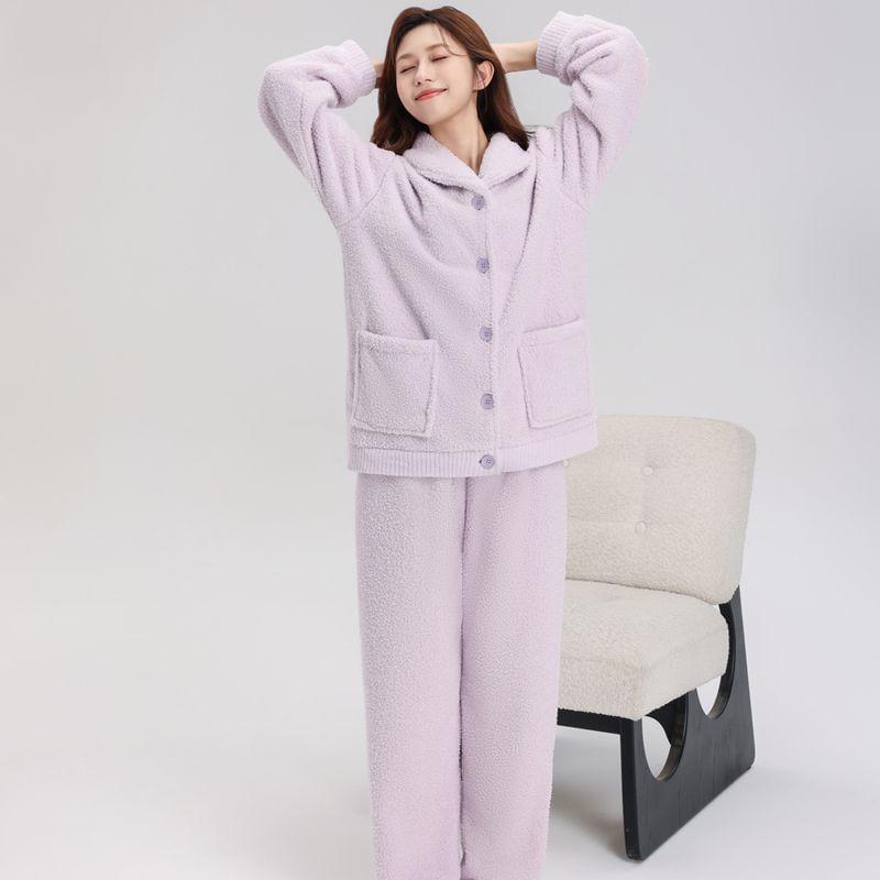 Couple Matching Pajama Set: Plain Fleece Shirt + Pants Product Image