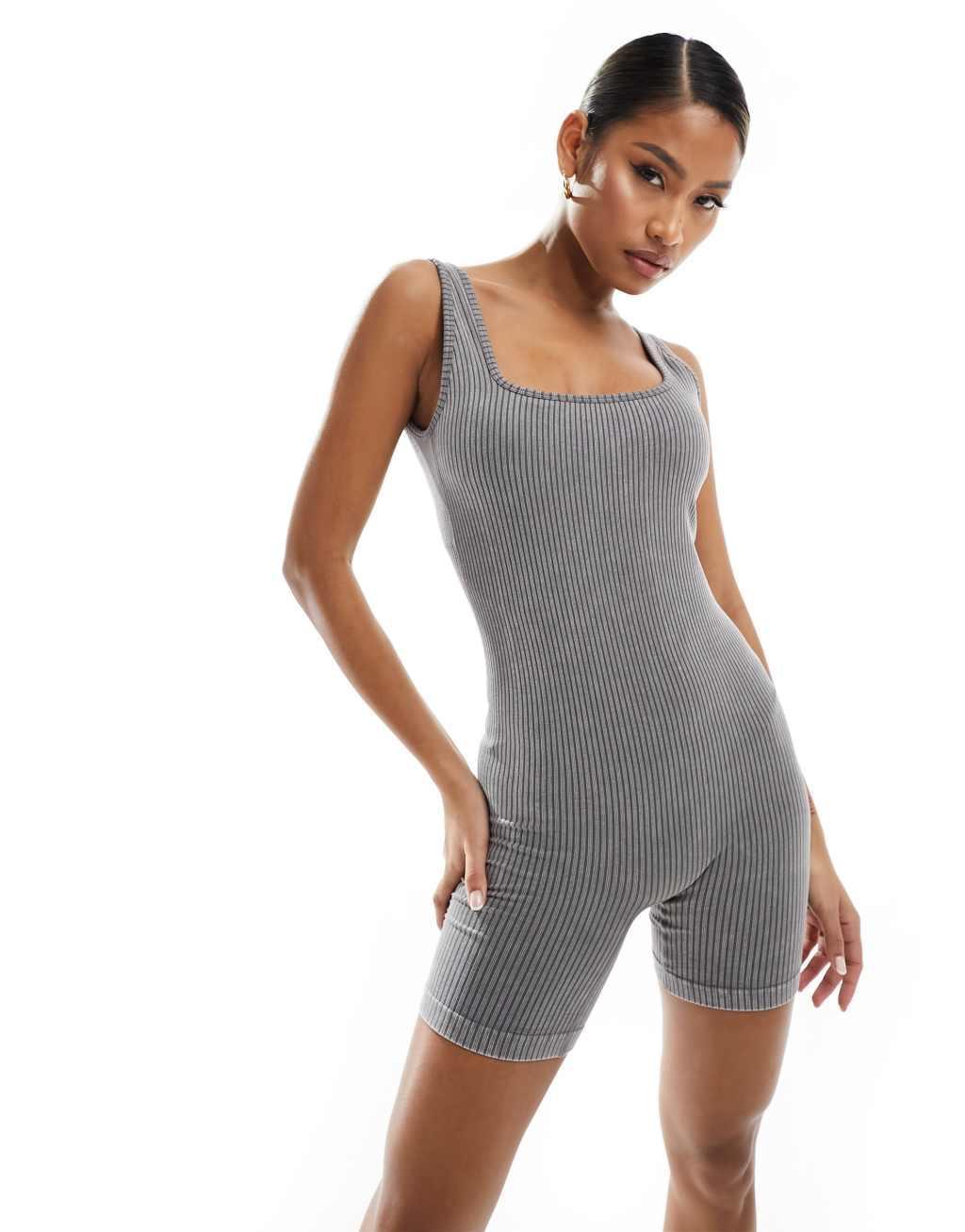 ASOS 4505 seamless square neck unitard with inner bra in washed gray Product Image