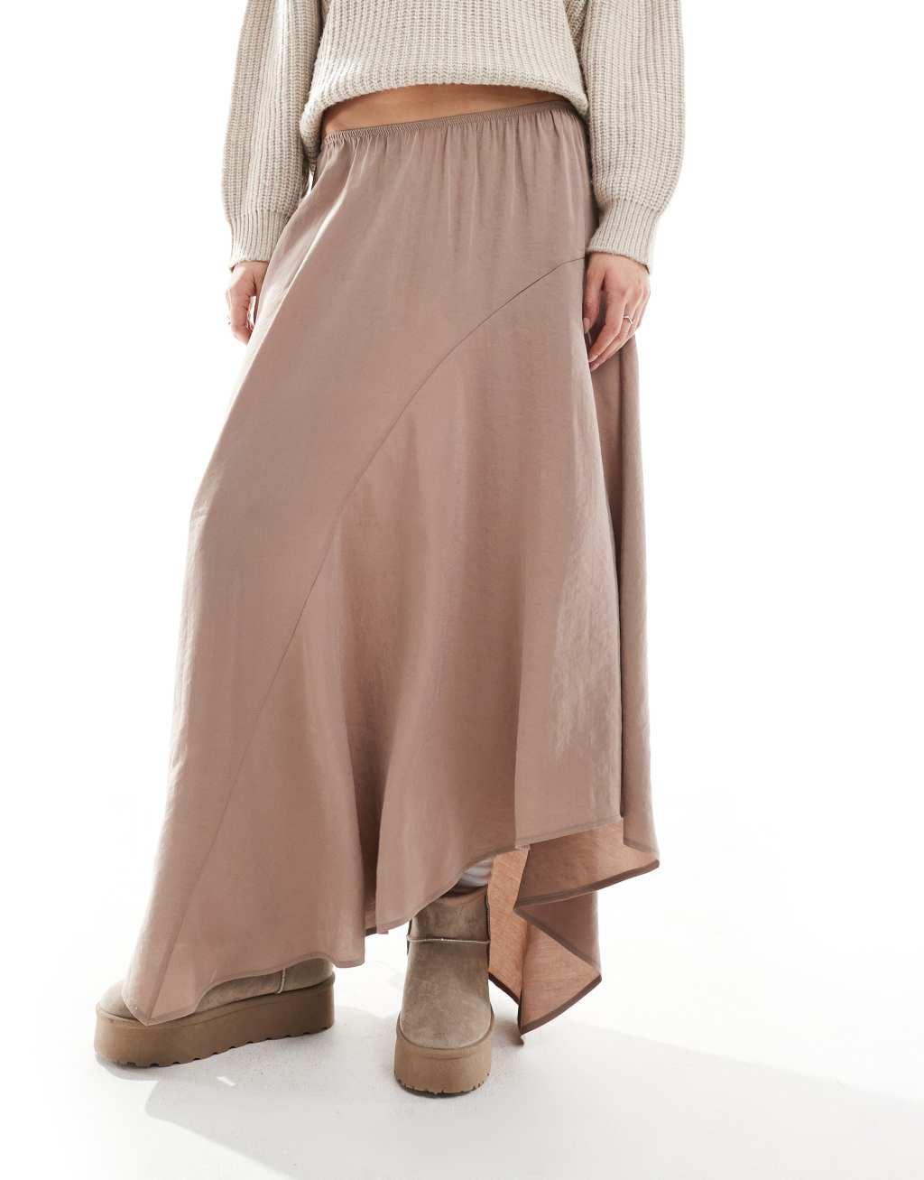 ASOS DESIGN asymmetric midi skirt in cupro in brown Product Image