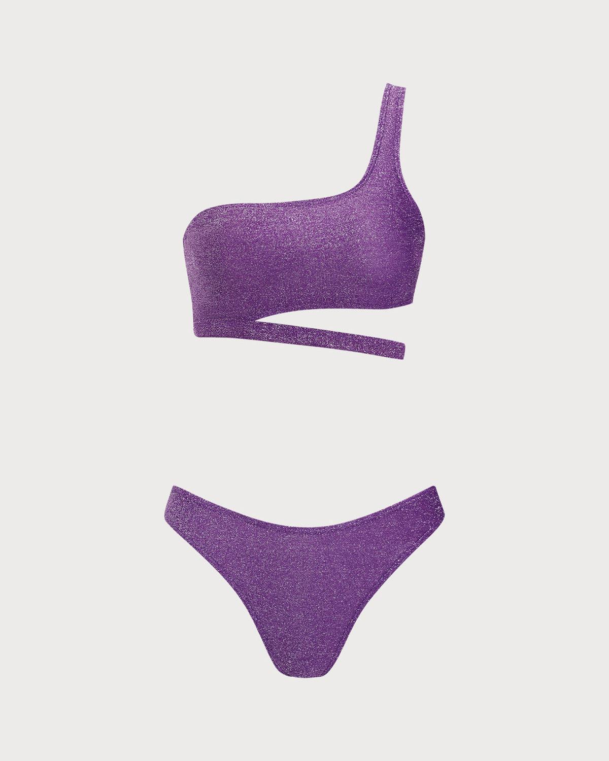 Purple Lurex One Shoulder Bikini Set Product Image