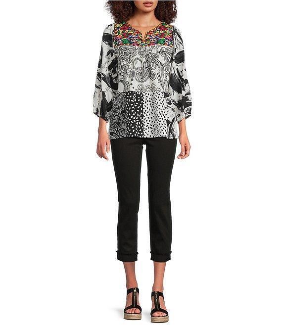 Calessa Petite Size Embroidered Patchwork Split V-Neck 3/4 Sleeve Tunic Product Image