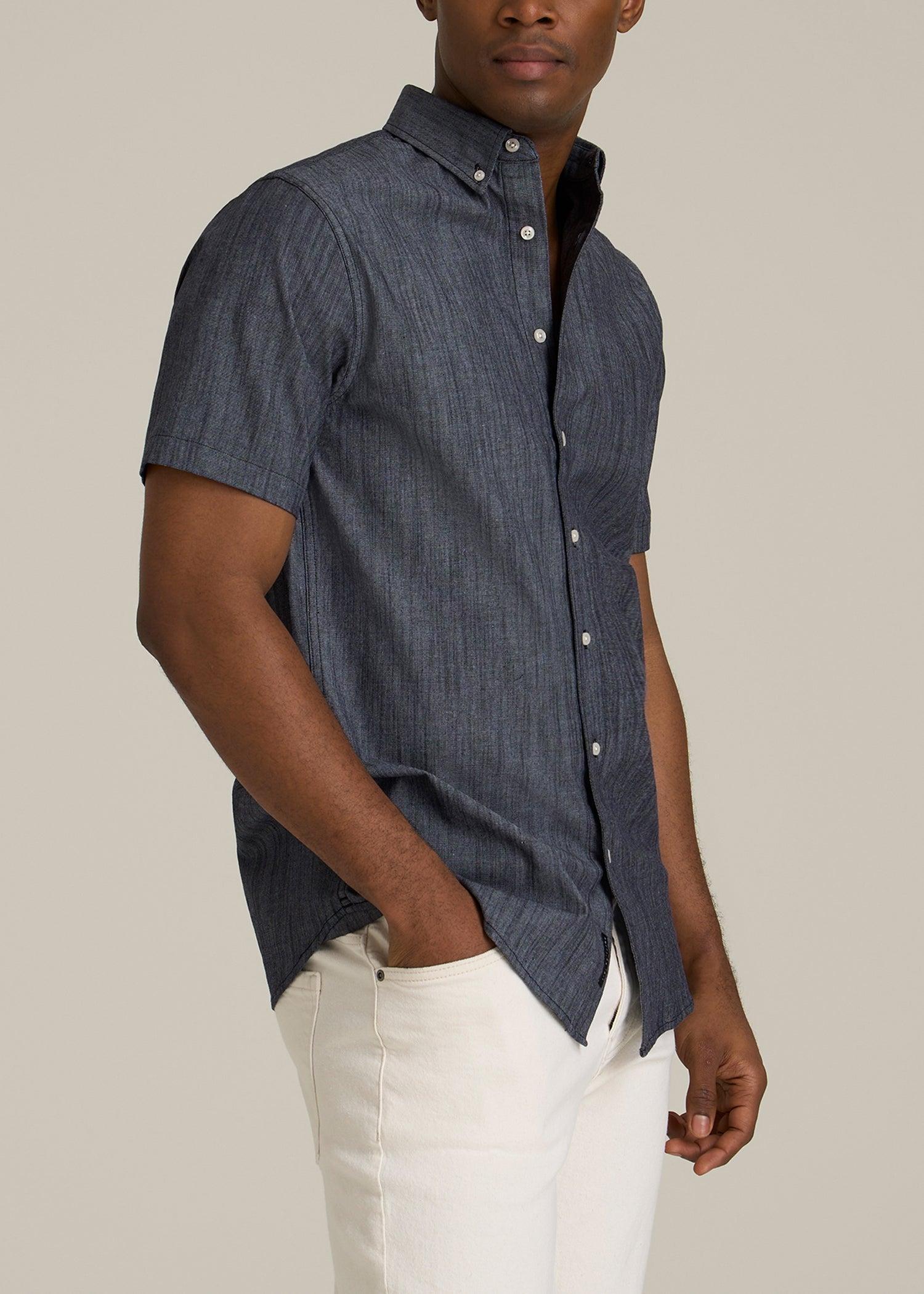 Short Sleeve Stretch Chambray Shirt for Tall Men in Dark Blue Chambray Male Product Image