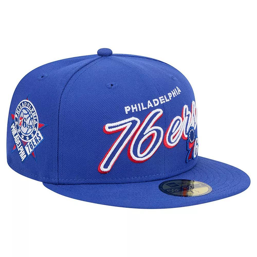 Men's New Era Royal Philadelphia 76ers Sport Night Script Sided 59FIFTY Fitted Hat, Size: 7 1/8, 76r Blue Product Image