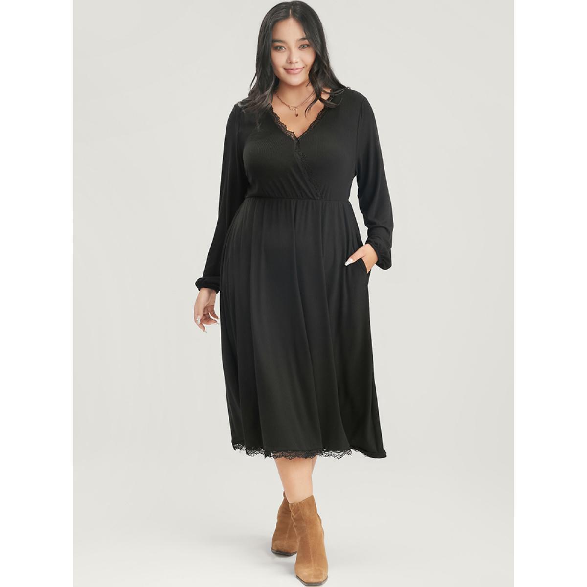 Plus Size Solid Lantern Sleeve Pocket Lace Trim Wrap Dress Black Women Elegant Lace V-neck Long Sleeve Curvy Midi Dress BloomChic 10/M Product Image
