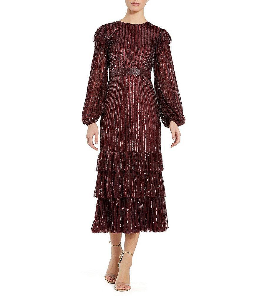 Mac Duggal Sequin Embellished Mesh High Neck Blouson Sleeves Ruffle Dress Product Image