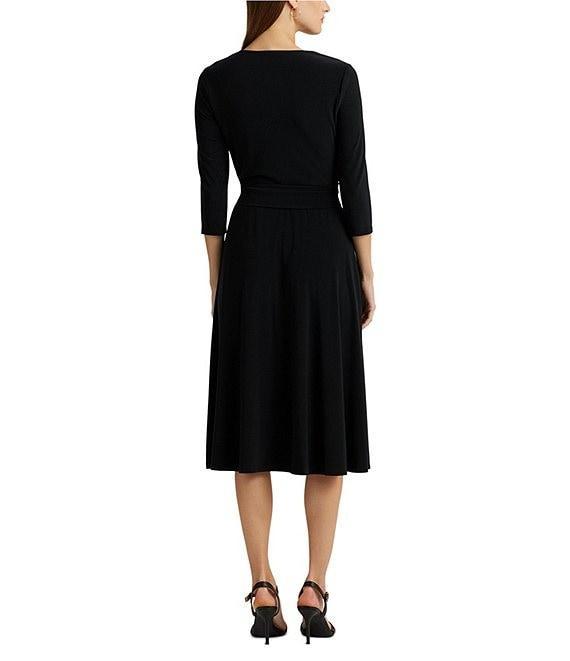 Lauren Ralph Lauren Wrap Front V-Neck 3/4 Sleeve Jersey Machine Washable Midi Dress Product Image