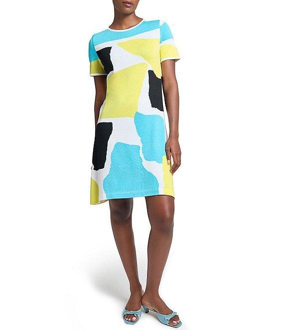 Ming Wang Soft Knit Abstract Color Block Round Neck Short Sleeve Dress Product Image