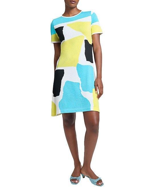 Ming Wang Soft Knit Abstract Color Block Round Neck Short Sleeve Dress Product Image
