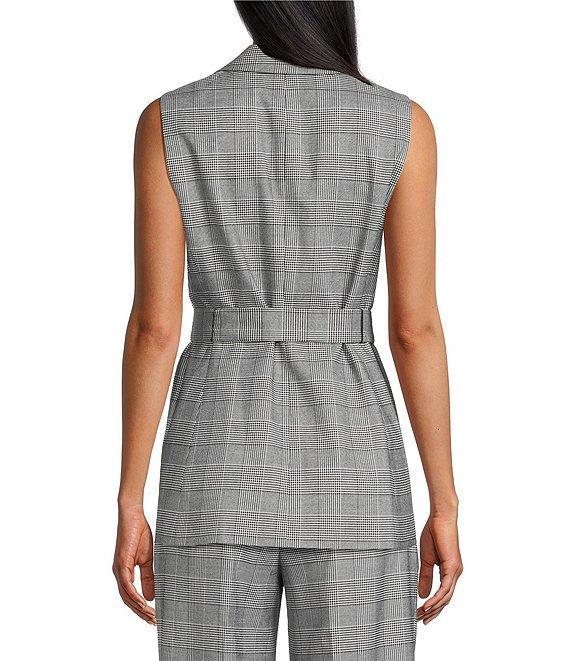 Kasper Plaid Notch Collar Sleeveless Belted Button Front Vest Product Image