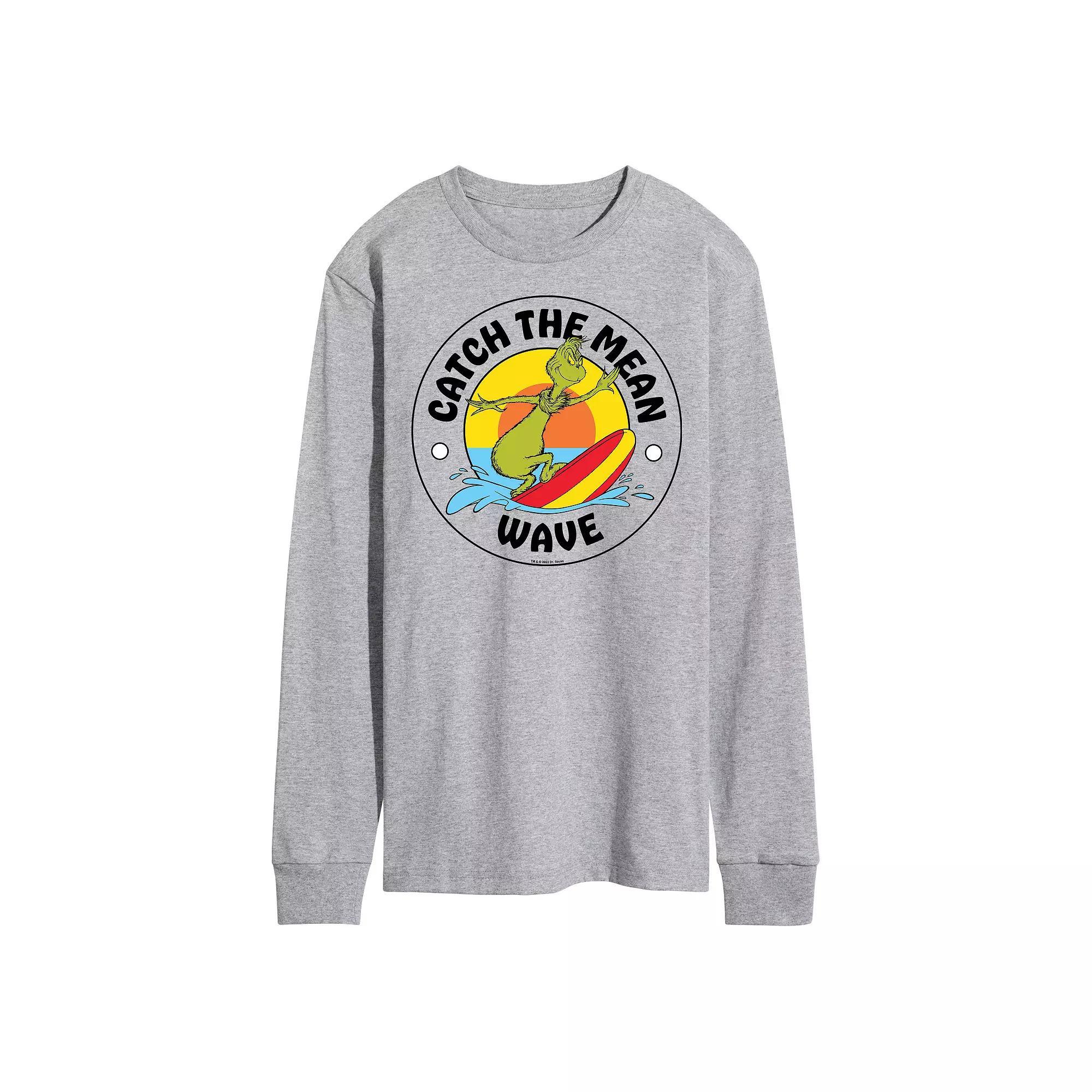 Men's Dr. Seuss The Grinch Catch The Mean Wave Long Sleeve Graphic Tee, Size: XXL, Grey Gray Product Image