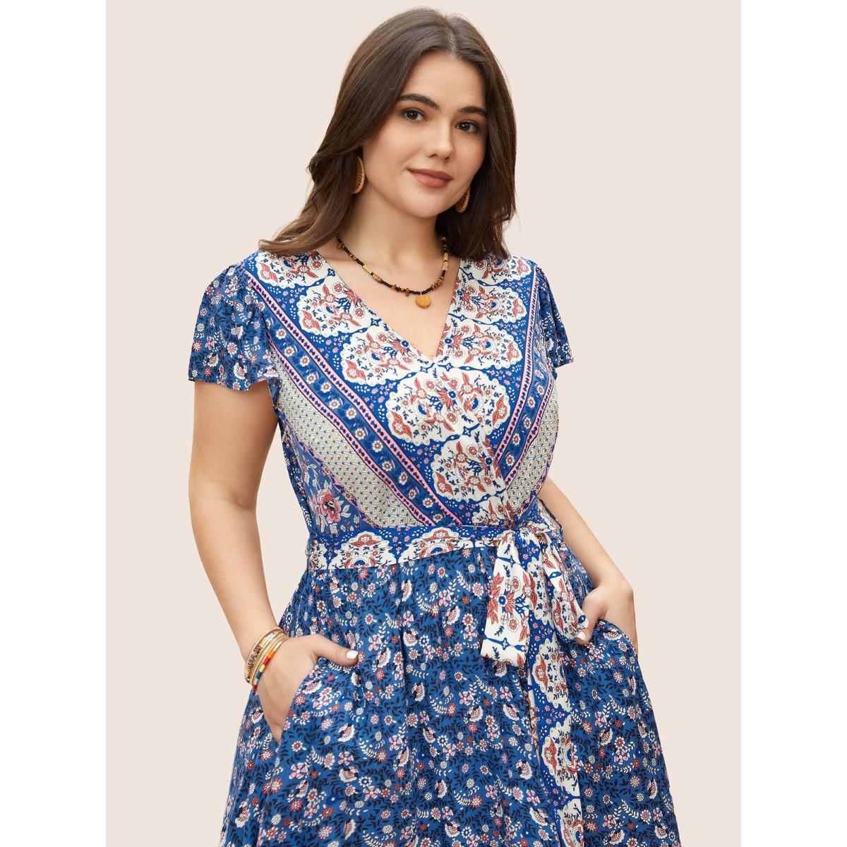 Plus Size Boho Print Surplice Neck Belted Dress Blue Women Resort Overlapping V-neck Cap Sleeve Curvy BloomChic 14-16/1X Product Image