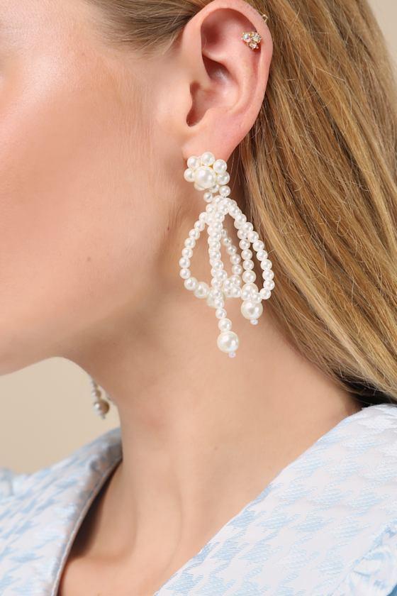 Steffana White Pearl Bow Statement Earrings Product Image