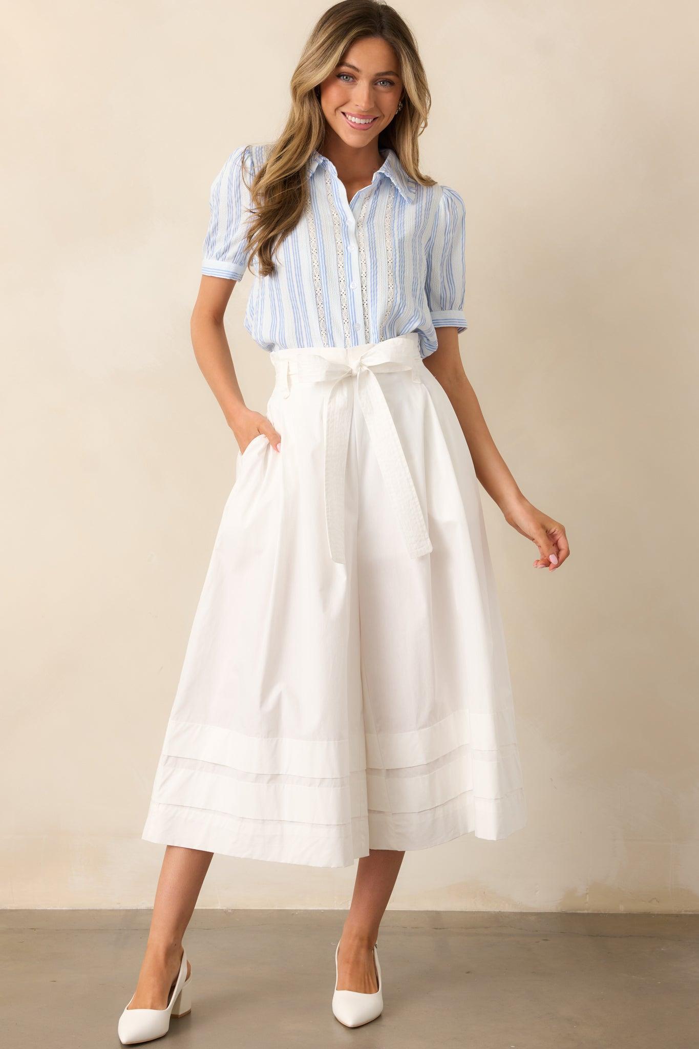 Up In The Clouds Cotton Blue Stripe Button Front Blouse Product Image