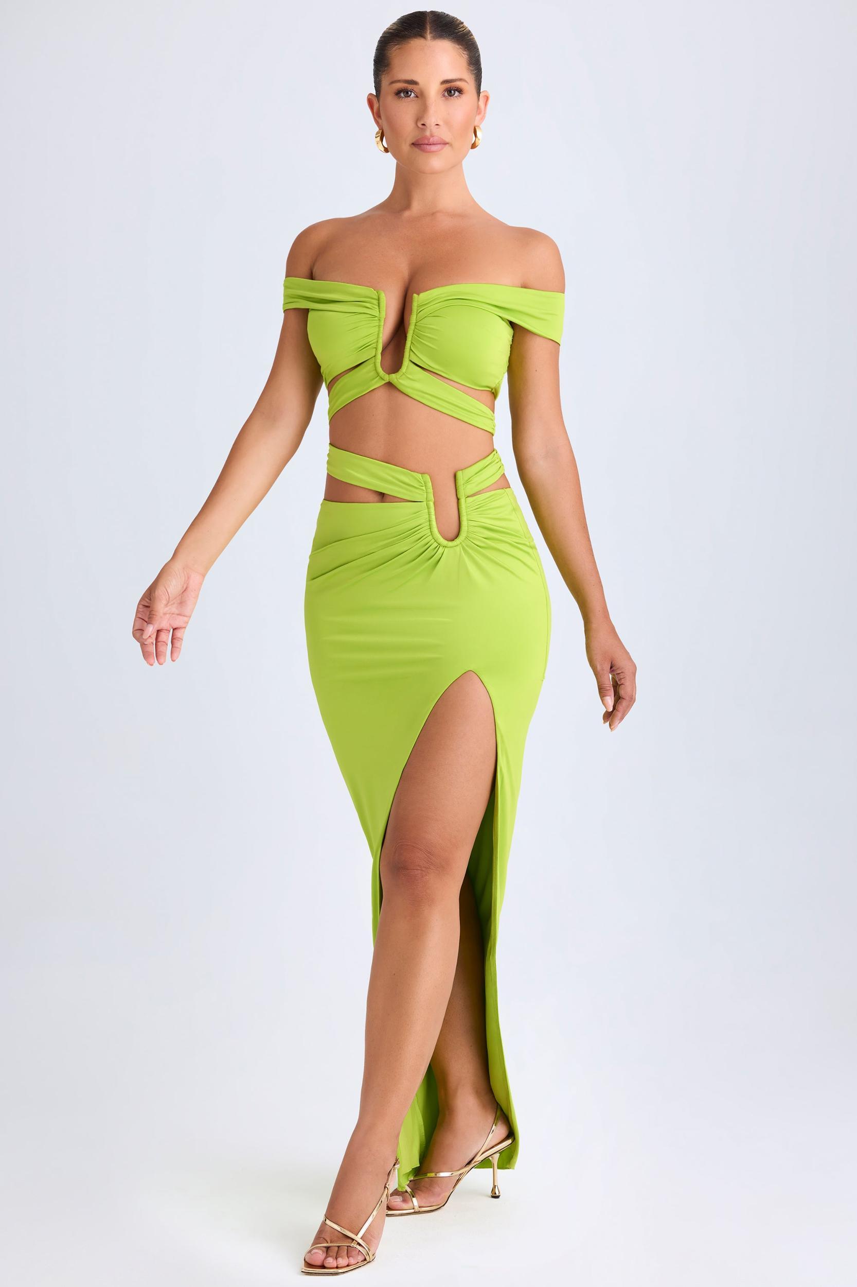 Asymmetric Cut-Out Maxi Skirt in Lime Green Female Product Image