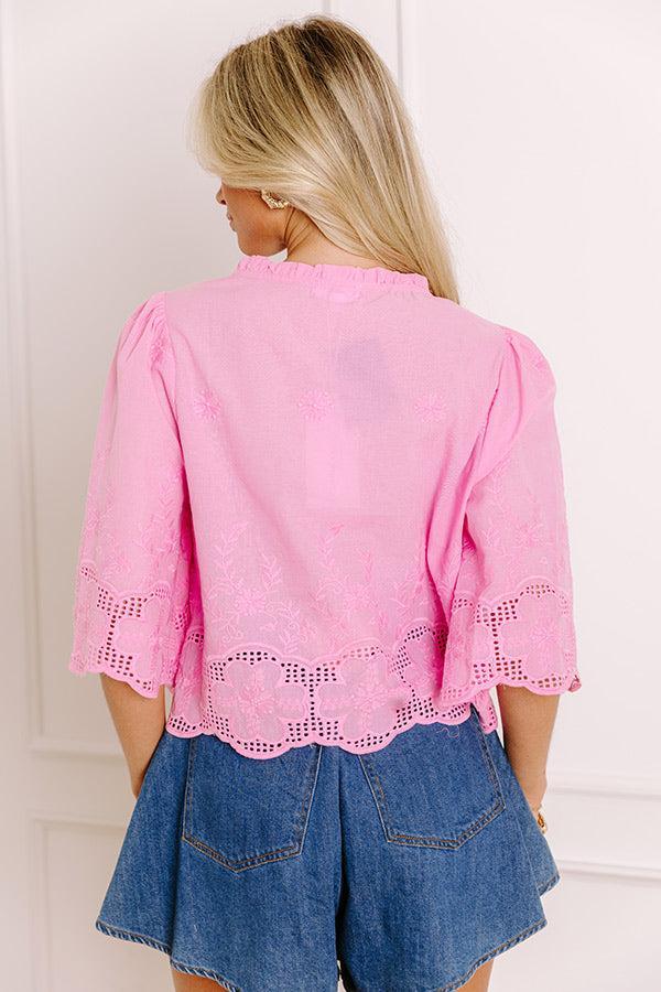 Boho Charm Embroidered Front Tie Top in Pink Product Image