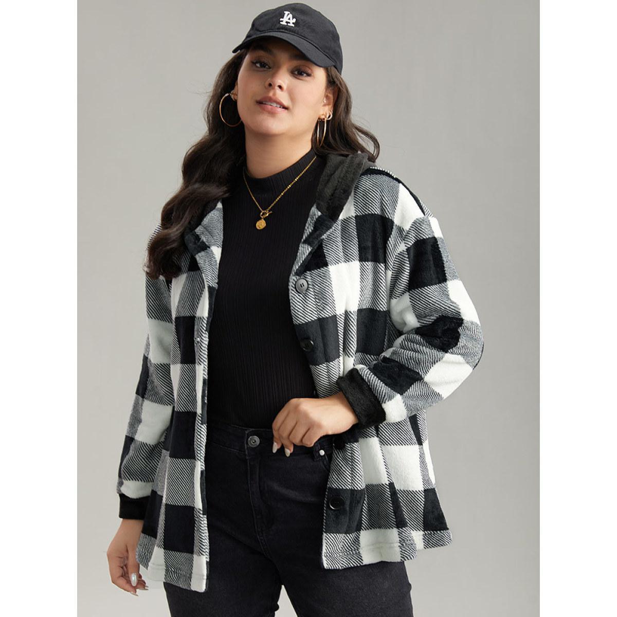 Plus Size Plaid Button Through Patchwork Hooded Jacket Women Black Casual Contrast Ladies Dailywear Winter Coats BloomChic 14-16/1X Product Image