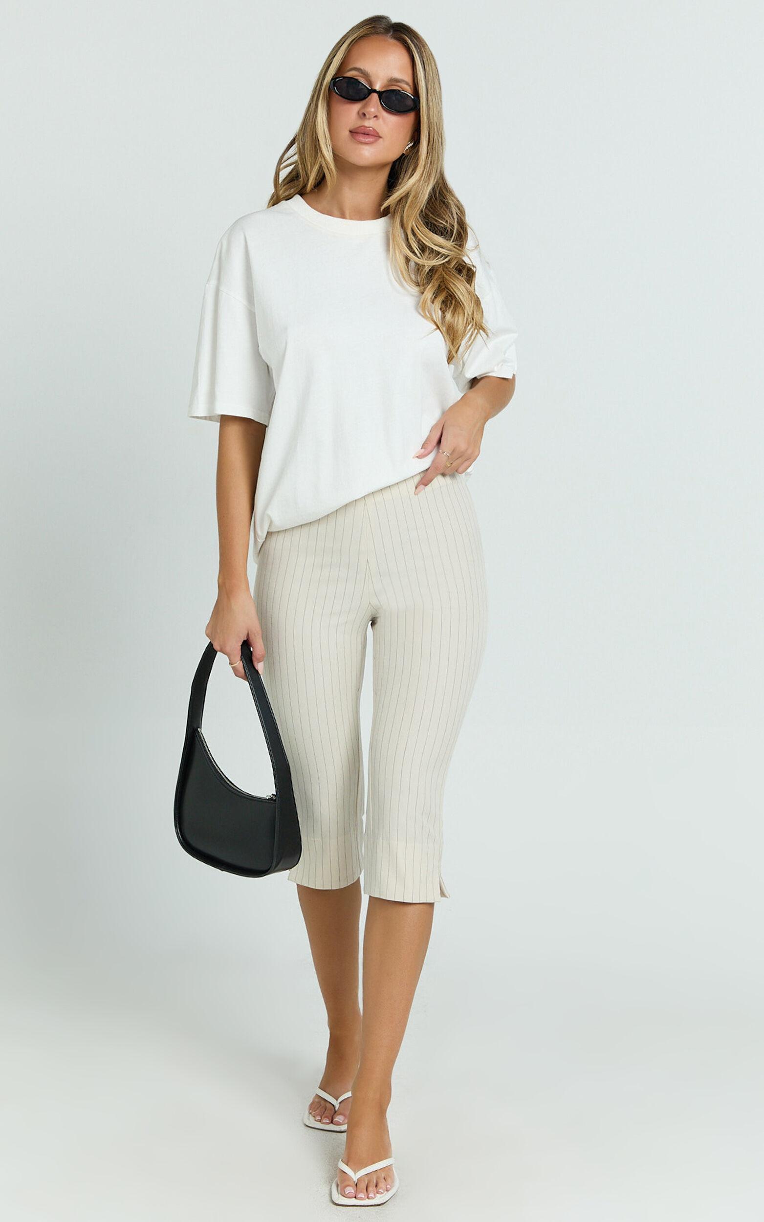 Susannah Pants - Pinstripe Fitted Split Leg Capri Pants in Cream Product Image