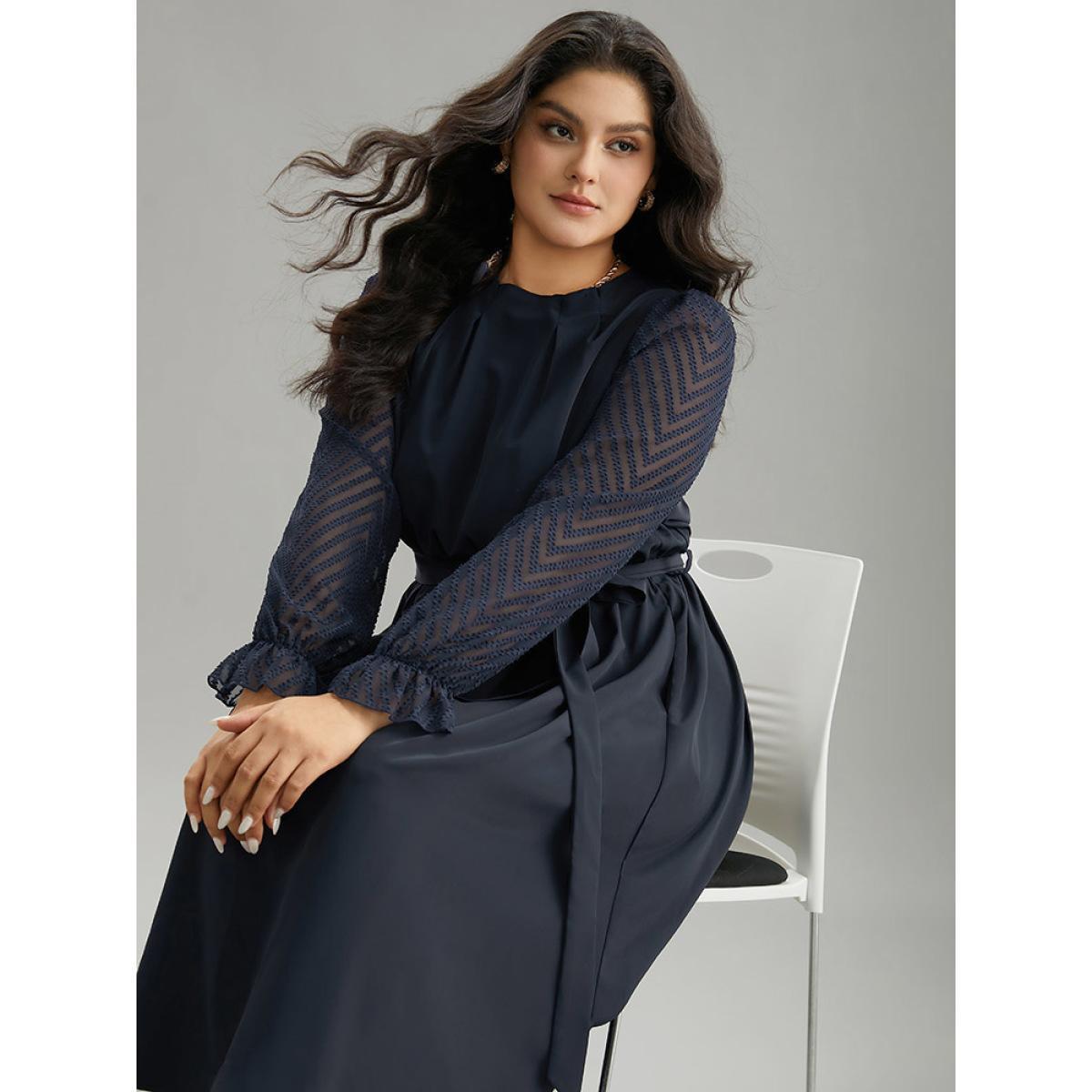Plus Size Twill Mesh Patchwork Belted Plicated Detail Dress DarkBlue Women Elegant Texture Mock Neck Long Sleeve Curvy Midi Dress BloomChic 18-20/2X Product Image