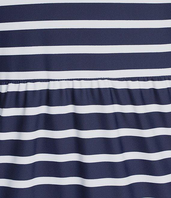 Jude Connally Libby Everyday Stripe Print Jude Cloth Stretch Knit V-Neck Short Puff Sleeve A-Line Tiered Midi Dress Product Image