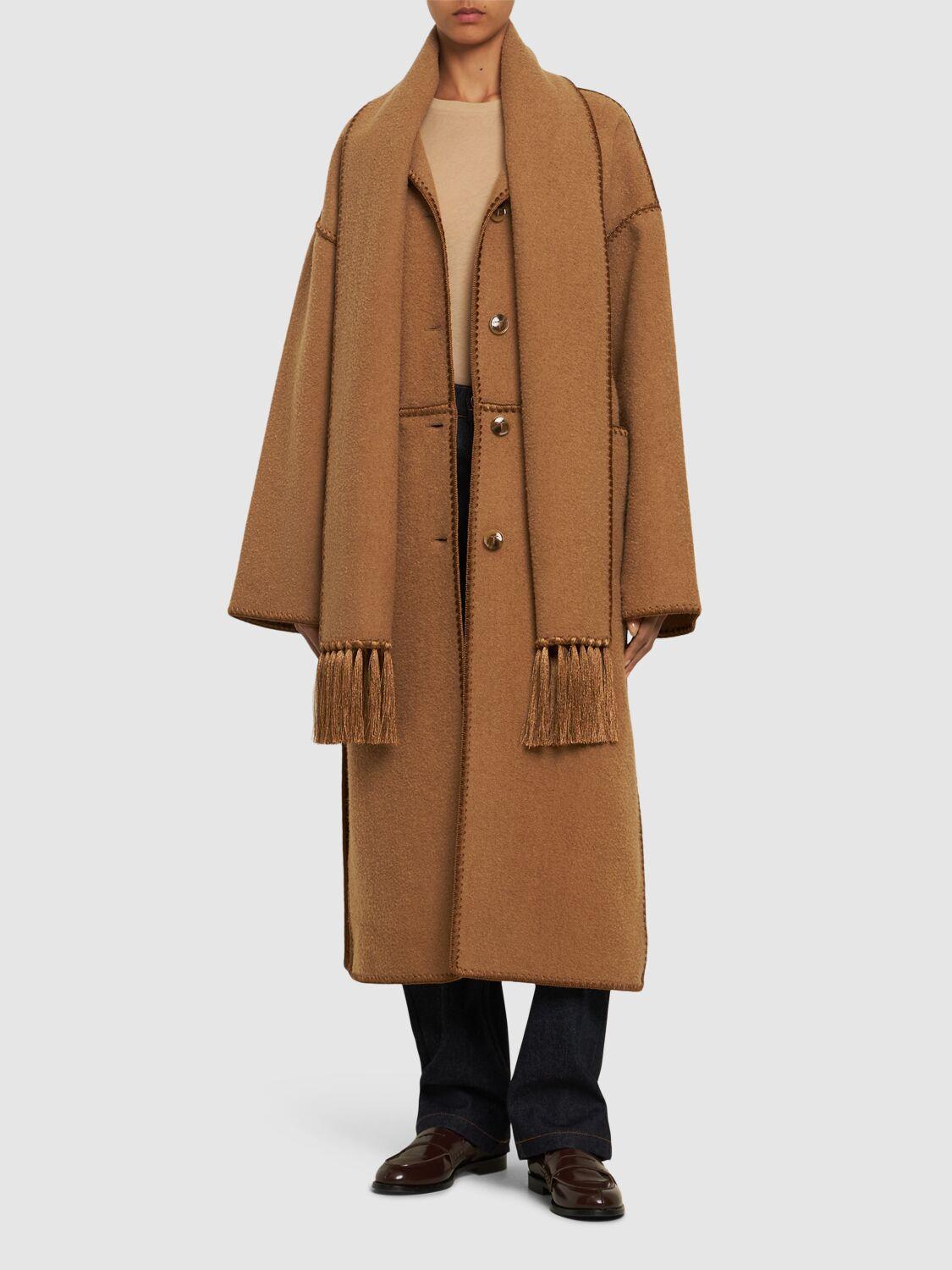 Embroidered Scarf Wool Blend Long Coat In Camel Product Image