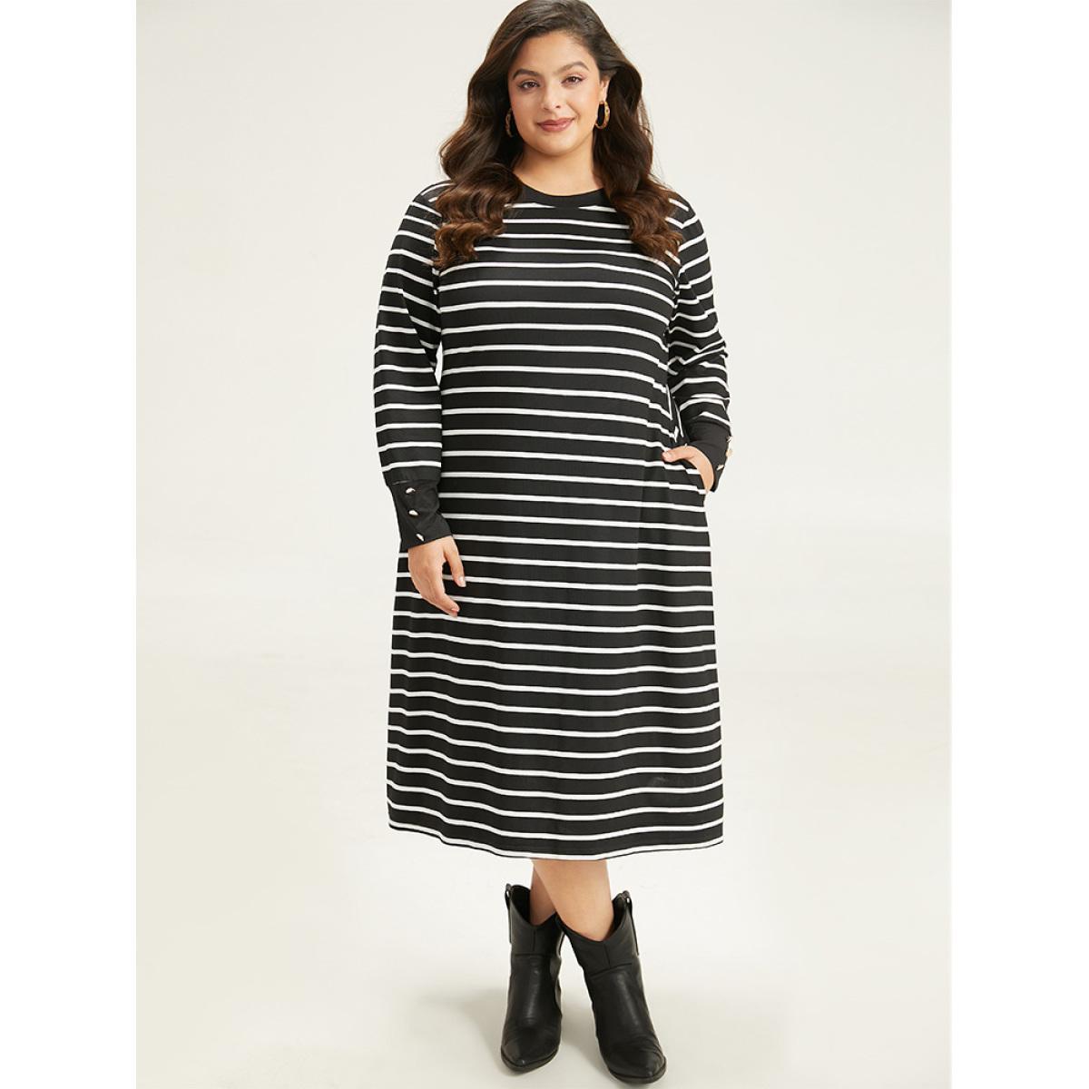 Plus Size Rib Knit Striped Button Detail Patchwork Dress Black Women Casual Printed Round Neck Long Sleeve Curvy Midi Dress BloomChic 30/6X Product Image