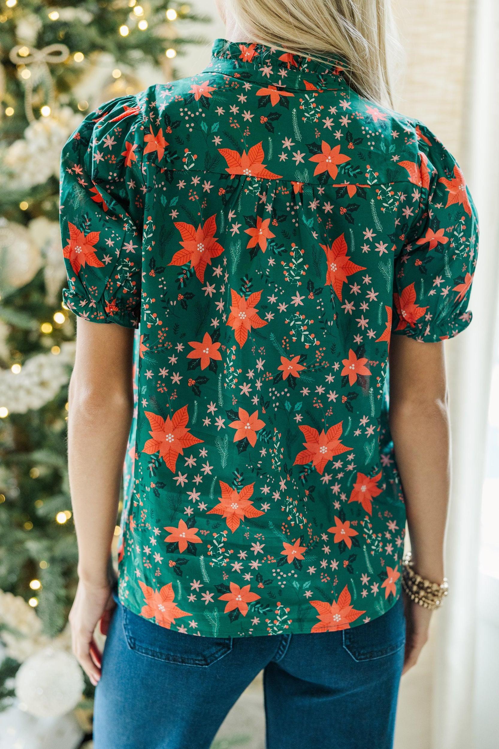 Keep It Up Emerald Floral Ruffled Blouse Female Product Image