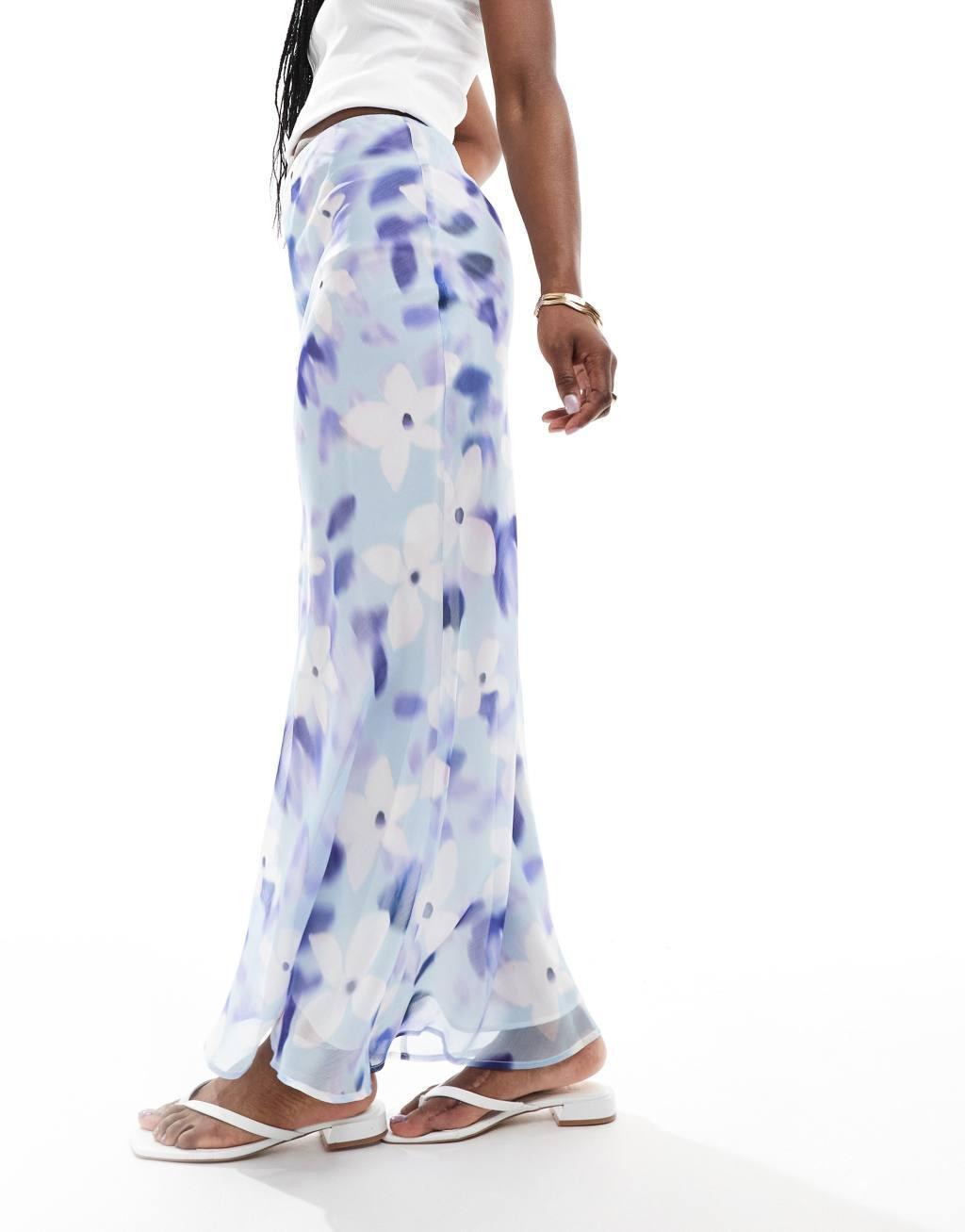 ASOS DESIGN chiffon bias cut maxi skirt in blue floral Product Image