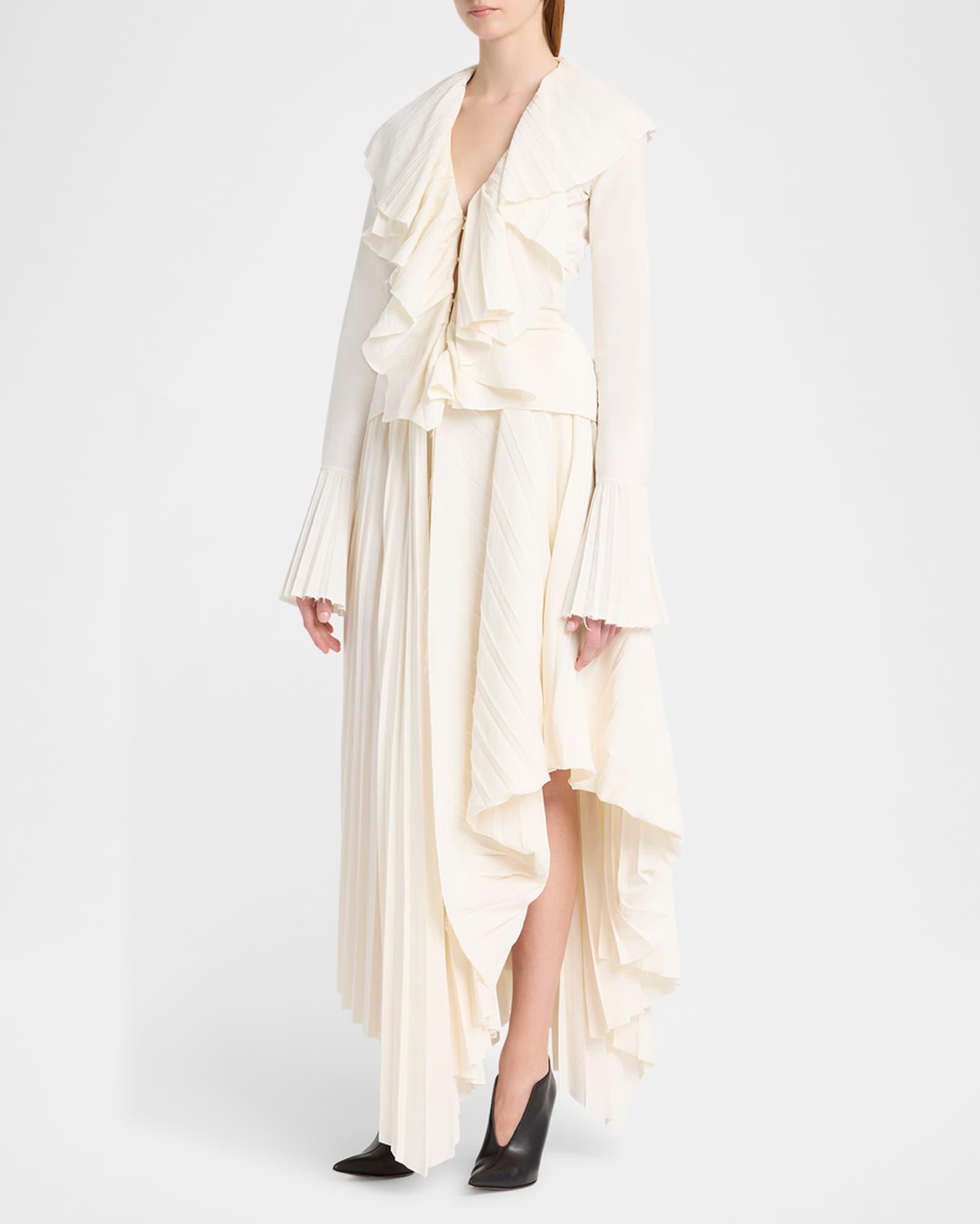 Long-Sleeve V-Neck Pleated Ruffle Blouse Product Image