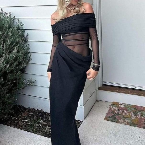 Long-Sleeve Off Shoulder Mesh Maxi Sheath Dress Product Image