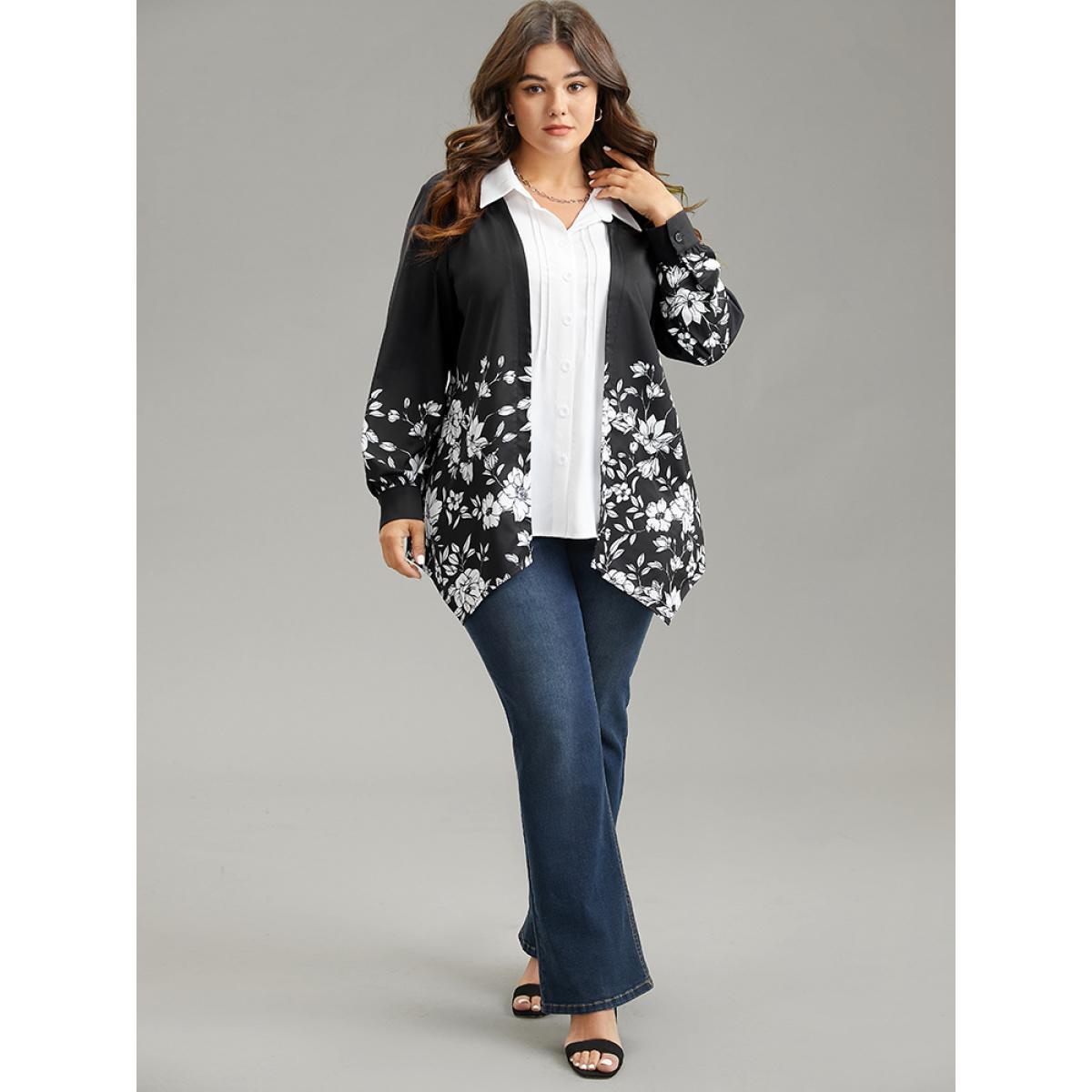 Plus Size Black Boho Print Patchwork Asymmetrical Hem Pleated Blouse Women Elegant Long Sleeve Shirt collar Office Blouses BloomChic 28/5X Product Image