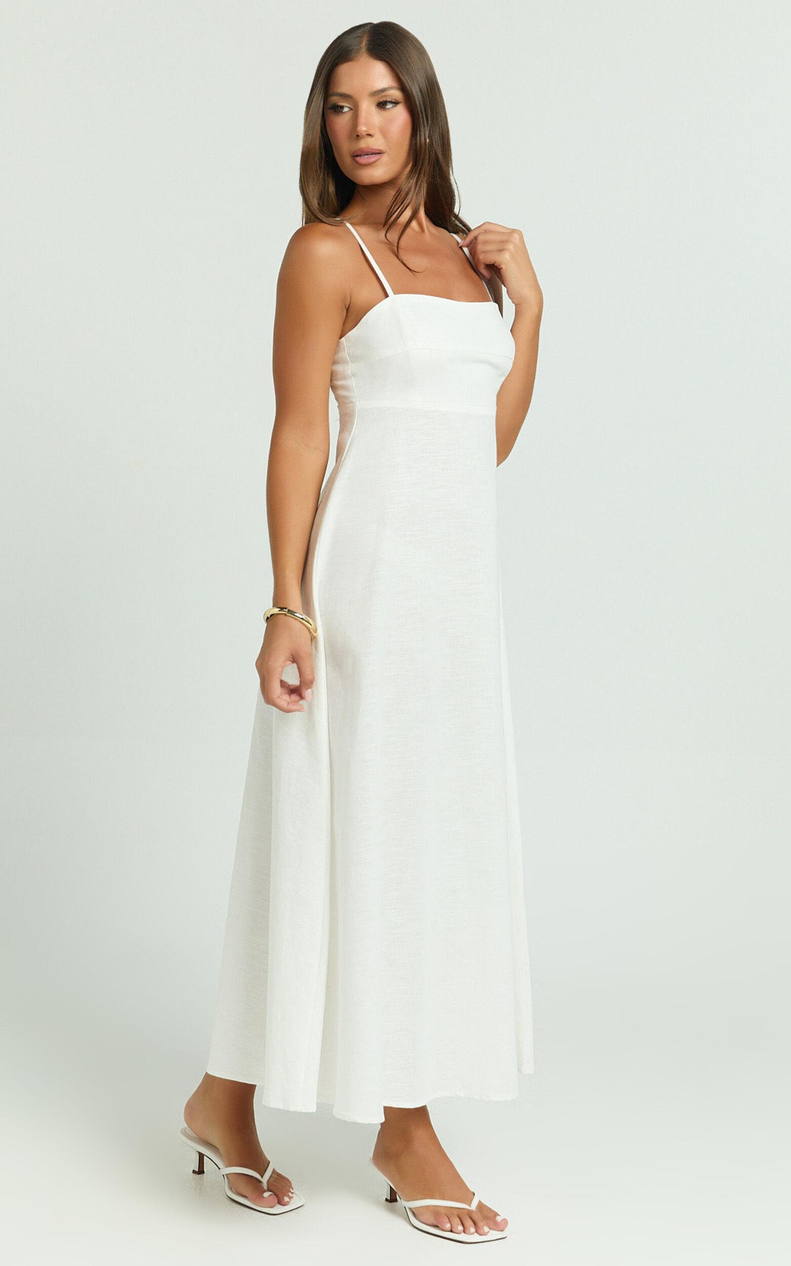 Brette Midi Dress - Linen Straight Neck Strappy Fit And Flare Dress in White Product Image