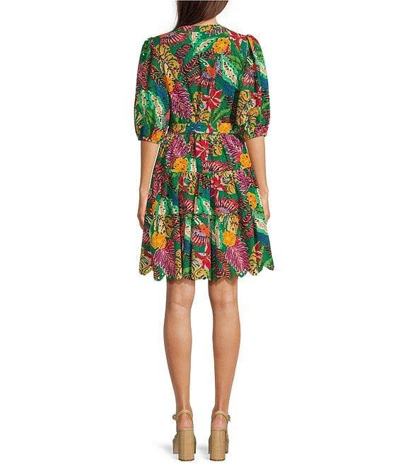 Gibson & Latimer Tropical Print Eyelet Split Neck Elbow Puff Sleeve Button Front Scallop Hem Dress Product Image