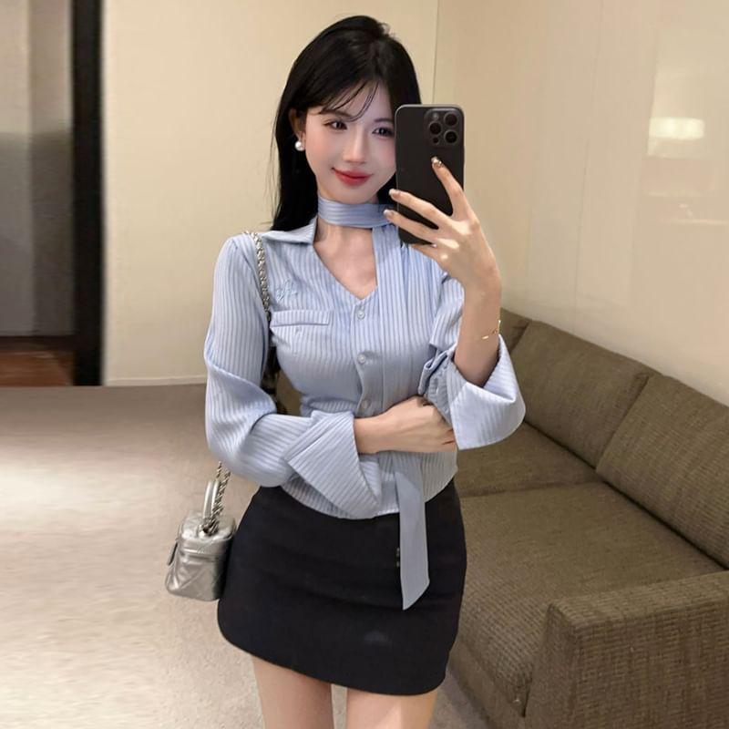 Long Sleeve V-Neck Collared Striped Shirt / High Waist Plain Mini Pencil Skirt Product Image