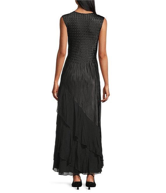 Komarov V-Neck Sleeveless Cascading Chiffon Ruffle Front Charmuese Satin Maxi Dress Product Image