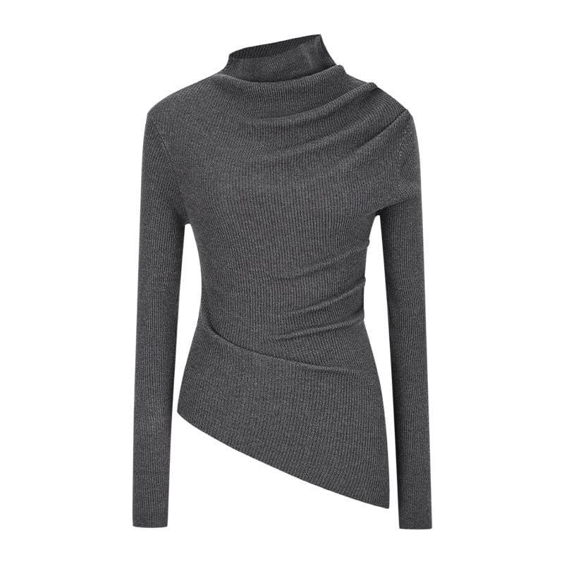 Long Sleeve Mock Neck Cold-Shoulder Plain Ribbed-Knit Slim-Fit Top Product Image